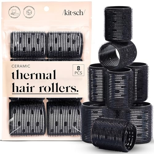 Kitsch Lockenwickler 8 Stück - Haarklemmer für kurze Haare - Klett-Haarwickler, Haarwickler für langes Haar, Selbsthaftende Haar-Roller für einen Blowout - Schwarz