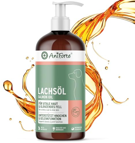 VERGLEICHSSIEGER SEHR GUT 2025 AniForte Lachsöl Hunde 1 Liter – Omega 3 & 6 reines Fischöl für den Hund, hochdosiert, für Fell, Haut, Gelenke & Herz, Lebensmittelqualität, Barf geeignet