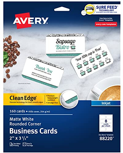 Avery Clean Edge bedruckbare Visitenkarten mit Sure Feed Technologie, abgerundete Ecken, 5,1 x 8,9 cm, weiß, 160 leere Karten für Tintenstrahldrucker (88220)