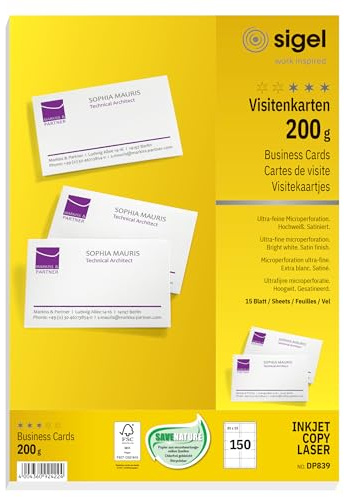 SIGEL DP839 bedruckbare Visitenkarten hochweiß, 150 Stück (15 Blatt), 85x55 mm, beidseitig bedruckbar und satiniert, 200 g, aus nachhaltigem Papier