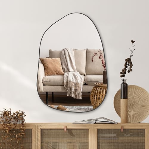 PERFNIQUE Asymmetrischer Spiegel 69 x 48 cm, Schwarz Unregelmäßiger Wandspiegel, Modernes Dekorativ für Wohnzimmer, Badezimmer, Schlafzimmer, Eingangsbereich