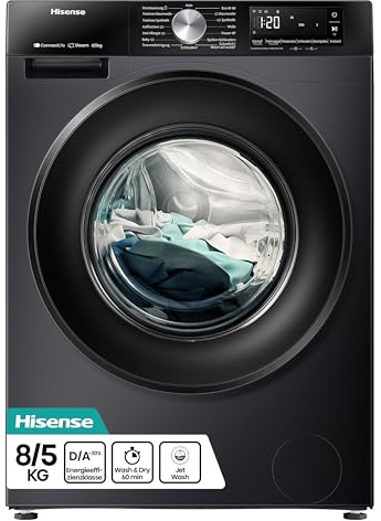 Hinsense WD3S8043BB3 Waschtrockner/ConnectLife /16 Programme /8 KG, 54 Liter /1400 U/min/Dampffunktion/JetWash/Anti-Allergie Program/Auto Program/Eco Wash/Steam Refresh/Schwarz