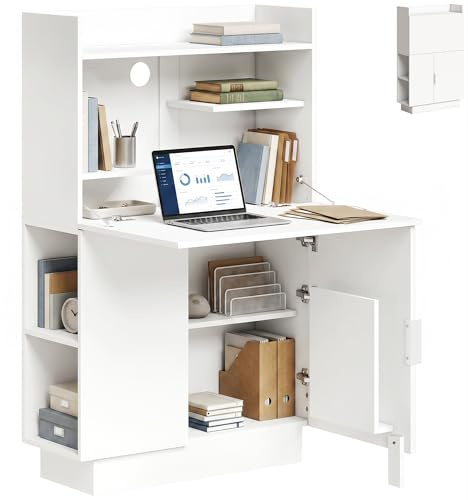 HOMCOM Schreibtisch mit klappbarer Tischplatte, Computertisch mit Regalen und Schrank 80 x 30 x 128 cm Moderner Arbeitstisch Bürotisch für Büro, Wohnzimmer, weiß
