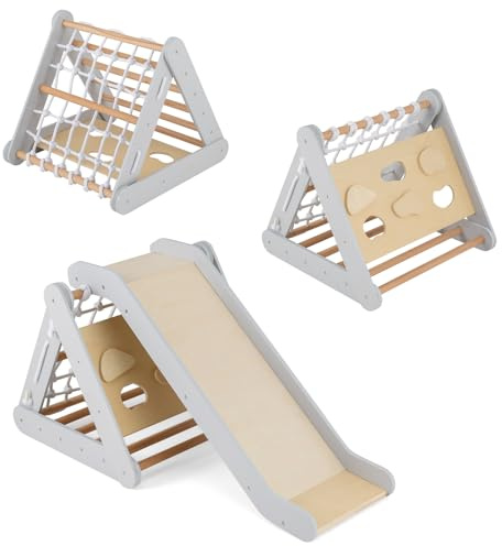 COSTWAY 4 in 1 Kletterdreieck mit Rutsche, Klettergerüst aus Holz, Sprossendreieck zum Rutschen und Klettern, für Kinder ab 1 Jahre (Grau)