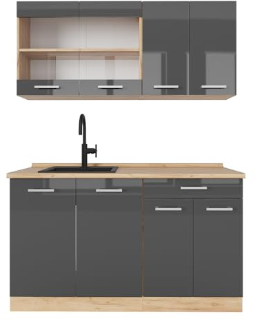 Vicco Singleküche R-Line, Anthrazit Hochglanz/Goldkraft Eiche, 140 cm ohne Arbeitsplatte, geeignet für freistehende oder wandnahe Montage