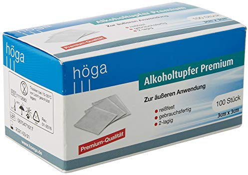 Höga-Pharm Alkoholtupfer Premium, zur äußeren Anwendung, reißfest, gebrauchsfertig, 2 lagig, 1er Pack (1 x 100 Stück)