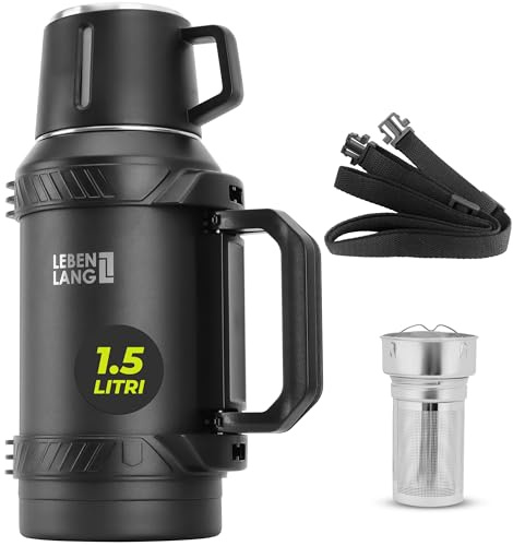 LEBENLANG Thermosflasche 1,5 Liter - 24h Heiß Inkl. Becher, Teesieb, Tragegurt I Trinkflasche Thermobecher 1 5 Liter Thermoskanne I Getränkeflasche Edelstahl Termoflaschen Isolierflasche Thermo Cup