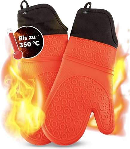 AVANA Silikon Ofenhandschuhe Hitzebeständig bis 350°C Anti-Rutsch Rot | Topfhandschuhe mit weichem Baumwoll-Innenfutter, Kochhandschuh lang, Handschuhe zum Kochen und Backen