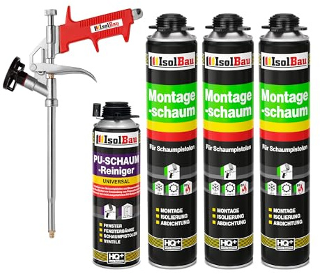 Isolbau Bauschaum-Set - Inkl. 3 x 1K Montageschaum B2 Pistolenschaum mit hervorragender Schall und Wärmedämmung (je 750 ml), 1 x PU-Schaum-Reiniger (500 ml) & 1 x Schaumpistole, Dämmen