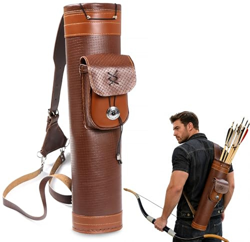 Toparchery Köcher für Bogen Traditioneller Schulter-Rückenköcher-Bogen Lederpfeilhalter mit großem Beutel Handgemachte Riemen Gürteltasche Braun
