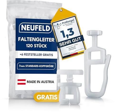 NEUFELD® 120 Gardinengleiter für Innenlaufschienen (inkl. 6 Feststeller) | 7mm Faltengleiter für Gardinenschienen, Vorhangschienen | Gardinenrollen