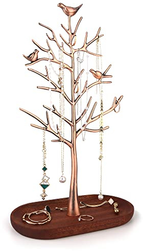 MORE&LESS Zweig Schmuckständer mit Holztablett Farbe Luxus Baum Turm hängende Aufbewahrungsstücke für Ringe Ohrringe Halsketten Armbänder Geeignet für Wohnzimmer Bad Büro etc.