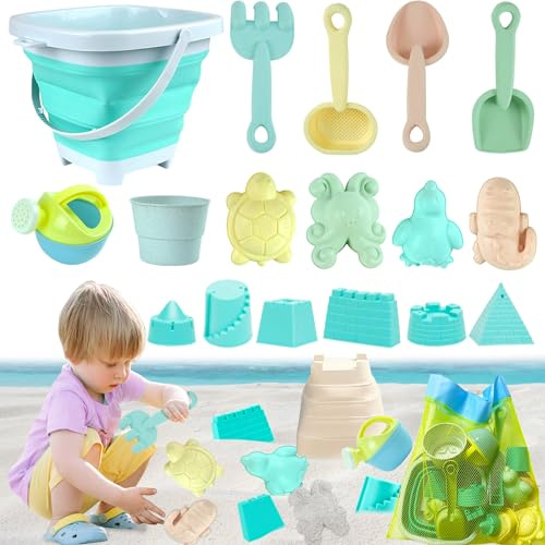 VEEKAY Sandspielzeug Strandspielzeug Kinder,18 Stück Sandspielzeug Set,Sandkasten Spielzeug mit Faltbarer Eimer, Schaufel, Sandharke,Netztasche,Sandharke Spielzeug Sandburg-Baukasten für ab 1-5