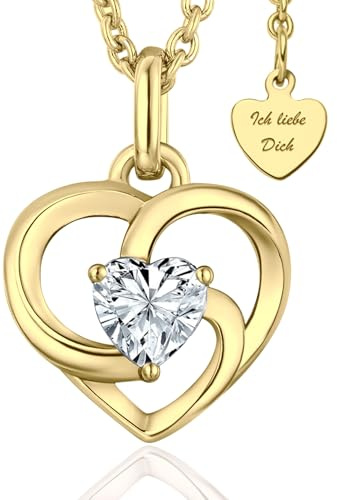 Herzkette Silber 925 / Gold vergoldet Halskette Damen – Damen Kette | *Ich Liebe Dich* Herz-Anhänger, Geschenke für Frau Ehefrau Freundin, Geburtstag Jahrestag Hochzeitstag, Liebesgeschenk