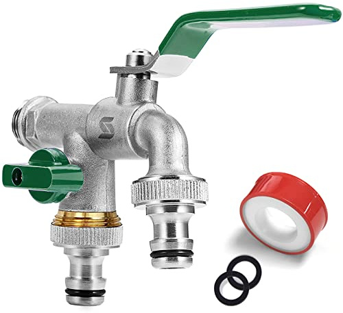 SPGOOD Garten Wasserhahn,Doppel Auslaufhahn 1/2 Zoll,aus Messing Rost-und Frostsicher, mit 2 x Schlauchanschlüsse,1x Rollendichtband,Doppelanschluss und Schlauchtülle für,für Garten(Grün)