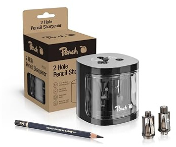 Peach Elektrischer universal Anspitzer - Inkl. Ersatzteile - für alle Bleistifte, Buntstifte, Eyeliner und Wachsmalstifte - Schwarz - Doppelspitzer für Stifte von 6-8 mm und 9-12 mm - PO102