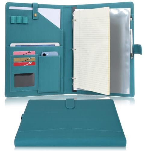 Wonderpool A4 Leder Schreibmappen Portfolio Dokumenten Halter Ringbuch Herausnehmbar Klemmbrett mit Multifach Aschen und Legal/Breit Liniert Pad für Business Organisatoren Konferenz (Dunklescyan)