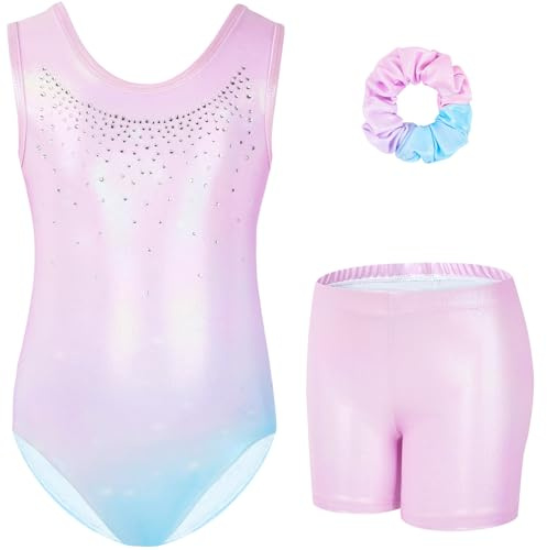 Gogokids Mädchen Drei Teiliges Gymnastikset, Ärmelloser Gymnastikanzug mit Shorts und Haarband, Ballett Tanzender Leotard Gymnastik Outfit mit Funkelnde für Mädchen, Ärmellose Trikots für 8-9 Jahre