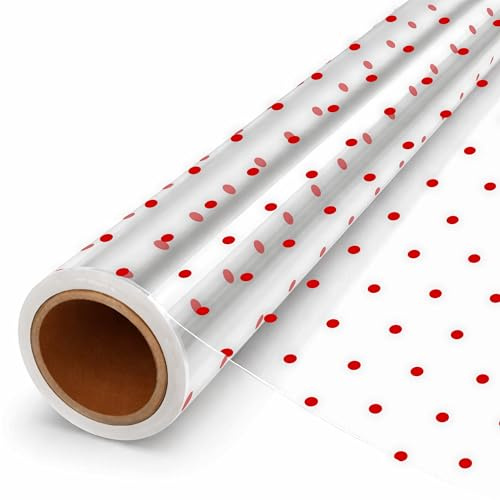 volila Geschenkfolie Transparent (Rote Punkte) – 40cm x 15m Cellophanfolie für Geschenkkörbe – 3mm Dicke Vielseitig Einsetzbare Klarsichtfolie für Blumensträuße, Floristenfolie, Essenspaket (1 Rolle)