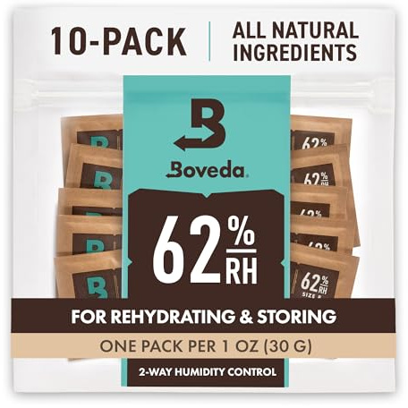 Boveda zur Aufbewahrung von Kräutern | 2-Wege-Feuchtigkeitsregulierung mit 62 % relativer Feuchtigkeit | Größe 8 schützt bis zu 30 g Blüten | verhindert den Verlust von Terpenen, Übertrocknung & Schimmel | wiederverschließbare Verpackung mit 10 Stück