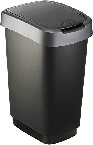 Rotho Twist Mülleimer mit Deckel 25l | Abfalleimer Küche und Recycling Center | mit Schwingdeckel und Klappdeckel | schmal & platzsparend | leicht zu reinigen | schwarz/silber