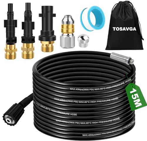 TOSAVGA 15M Rohrreinigungsschlauch für Kärcher K2 K3 K4 K5 K6 K7, Rohrreinigungsdüse, Hochdruckschlauch für Kärcher 180Bar Rohrreinigungsset, Adapter Hochdruckreiniger für Lavor für Parkside für Bosch
