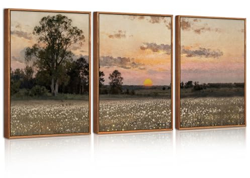Celestdeco Wandbilder mit Rahmen Countryside Landscape mit Wildblumen, Sonnenuntergang Bilder im Vintage CelestdecoWohnzimmer, Boho Wanddeko für Schlafzimmer 30x40cm