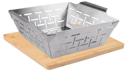 Freyersbacher Edelstahl Grillkorb 25 x 21 x 7 cm mit Bambus-Brett, Grillschale hitzebeständig für alle Grilltypen, backofengeeignet, optimale Hitzezirkulation, robuster Edelstahl, spülmaschinenfest