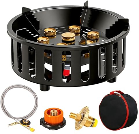 Campingkocher, 16800W Gaskocher mit 3 Adapter Winddicht Gas Campingkocher mit Piezozündung Tragetasche Outdoor Tragbarer Gaskochfeld für Camping Wandern Und Partys 7 Brenner Kraftvolle Feuerkraft