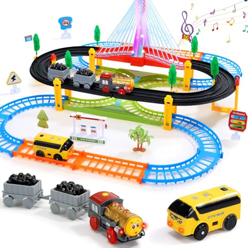 EagleStone Elektrischer Zug Spielset für Kinder 3-8, 2-in-1 Spielzeugzug mit Bus, Doppelspur Gleisen, Beleuchteter Brücke & Zubehör, Geschenk Eisenbahn für Jungen und Mädchen ab 3 4 5 Jahren