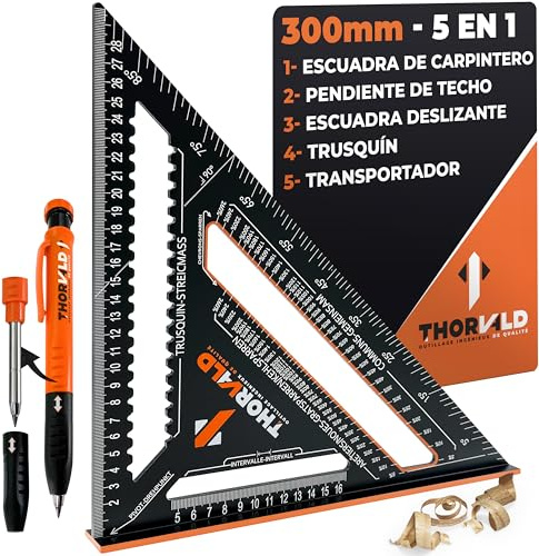 THORVALD Zimmermannswinkel 5-in-1 300 mm Winkelmesser Anschlagwinkel - Inkl. Tieflochmarker - Aluminiumwinkel zum präzisen Anreißen & Zeichnen/Multifunktional Perfekt um Zeit zu sparen