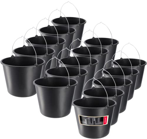 KADAX 15 Stück Baueimer, 12l, Mörteleimer aus Kunststoff, Wassereimer für Garten, Baustelle, schwarzer Eimer, Stabiler Zementeimer, Mörtelkübel, Putzeimer, Maurerkübel (15)
