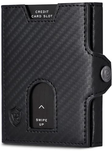 VON HEESEN Slim Wallet mit XL Münzfach & RFID-Schutz - Leder Geldbeutel - Mini Geldbörse für Herren und Damen - Kartenetui Echtleder Karten Portemonnaie klein - Kreditkartenetui Carbon-Schwarz