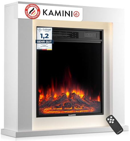 KAMINIO Elektrokamin Matti - Elektrischer Standkamin mit Heizung, 3D-Flammeneffekt, LED-Ambientelicht, Fernbedienung - 32 Zoll (Weiß)
