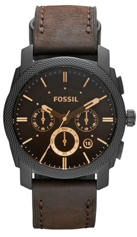 Fossil Machine Uhr für Herren, Chronographenwerk mit Edelstahl- oder Lederarmband, Schwarz und Braun, 42MM