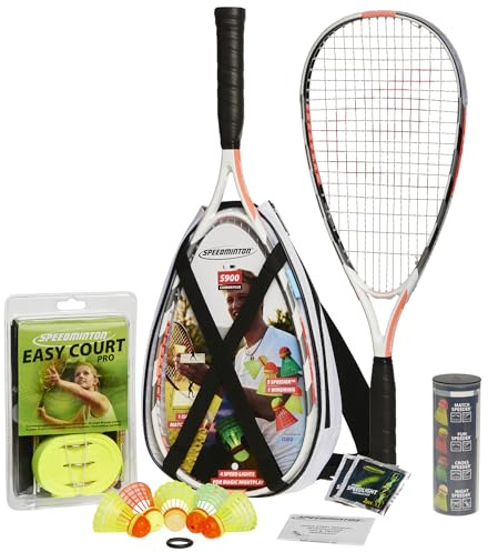 Speedminton® S900 Set – Original Speed Badminton/Crossminton Profi Set mit Carbon Schlägern inkl. 5 Speeder®, Spielfeld, Tasche, Rot/Weiß/Grau, 60 cmm
