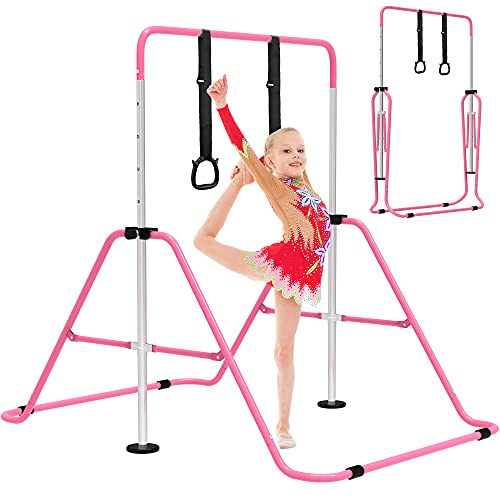 EVERYMILE Gymnastikstangen, Junior-Trainings-Kip-Bar, Gymnastikausrüstung für Zuhause, höhenverstellbar, zusammenklappbar, horizontale Stange mit Gymnastikringen für Kinder