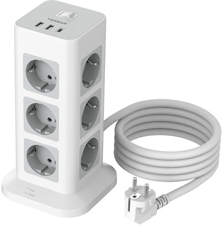 TESSAN Mehrfachsteckdose mit Verlängerungskabel 2M, 12 Fach Steckdosenleiste mit USB C und 2 USB A, Steckerleiste Überspannungsschutz, 3600W Steckdosenturm Verteilersteckdose für Zuhause, Grau