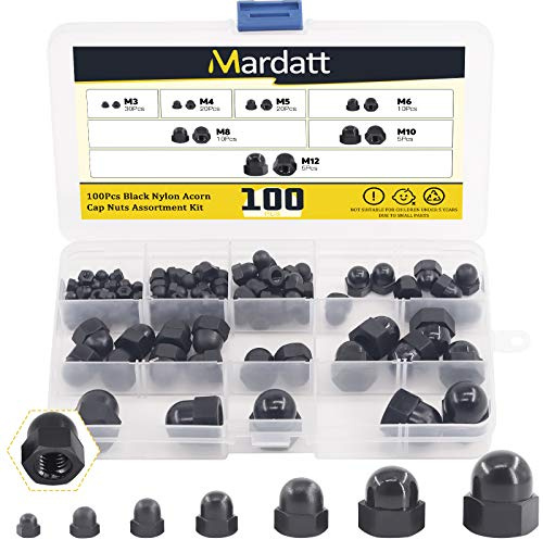 Mardatt Sechskantmuttern, Sortiment aus 100 Stück, 7 Größen, M3, M4, M5, M6, M8, M10, M12, Nylon-Innengewinde, Abdeckkappen, Kuppelmuttern für Schutz, Innen- und Außenbereich