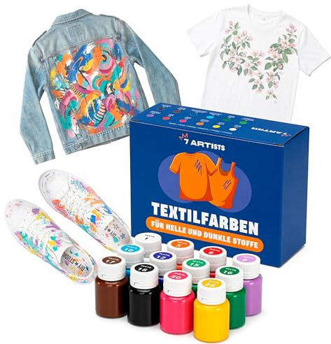 7 Artists Textilfarbe Waschmaschinenfest Set – 12 x 20 ml Stoffmalfarben Waschfest für Kleidung, Sneaker & Leder | Permanent Textilfarbe ohne Bügeln | Stofffarbe für T-Shirt, Jeans & Taschen