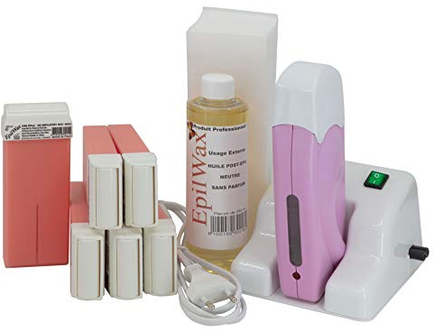 EpilWax Wachswärmer Waxing Set für Enthaarung Haarentfernung mit Aufsteller – Mit 6 Rosa Roll On Wachspatronen, Waxing Gerät, 100 Vliesstreifen und Nachbehandlungsöl