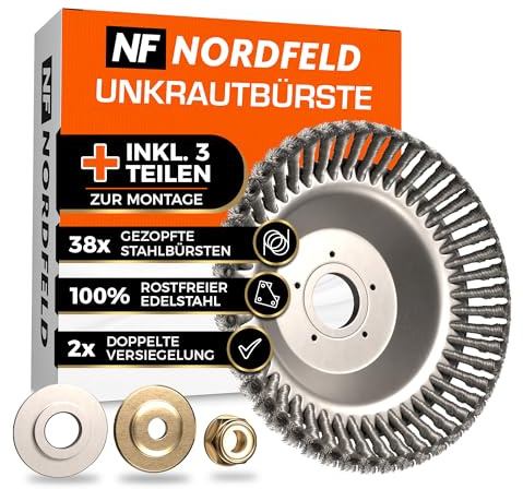 NORDFELD Profi Unkrautbürste für Freischneider mit 25,4mm Bohrung - Hochwertige Wildkrautbürste für Motorsense - Effektive Moosentfernung mit Installationswerkzeug
