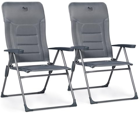 TIMBER RIDGE 2er Gartenstuhl Hochlehner Verstellbar 7-Fach Gepolstert 150kg | Alu Klappstuhl mit Armlehnen Kopfstütze Atmungsaktiv Klappbar Campingstuhl Balkonstuhl Klappsessel Garten Terrasse Grau