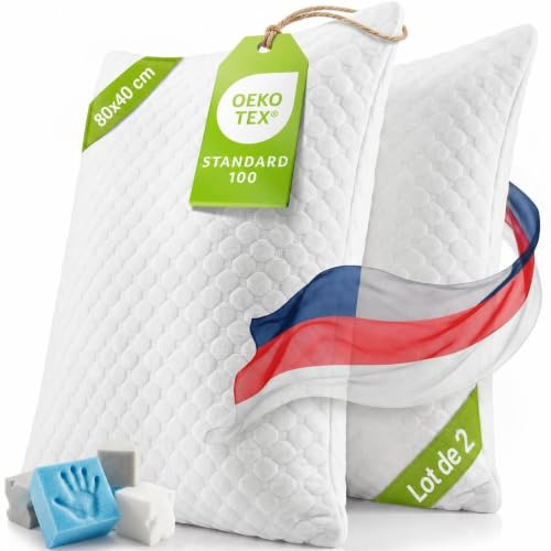 Juskys Kopfkissen 2er Set 40x80 cm mit Memoryschaum, ergonomisch, Weiß | zerkleinerte Flocken, fester formstabiler Halt, hoch, Kissen für Seitenschläfer, waschbarer Bezug