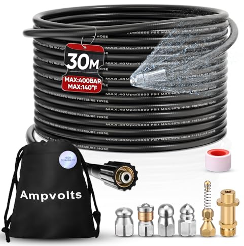 Ampvolts Rohrreinigungsschlauch Set 30m - 5800 PSI/400 bar, enthält 5 Düsen und 1 Karcher Adapter, kompatibel mit Karcher K2 K3 K4 K5 K6 K7 - Rohr- & Abflussreinigung (Messingadapter)