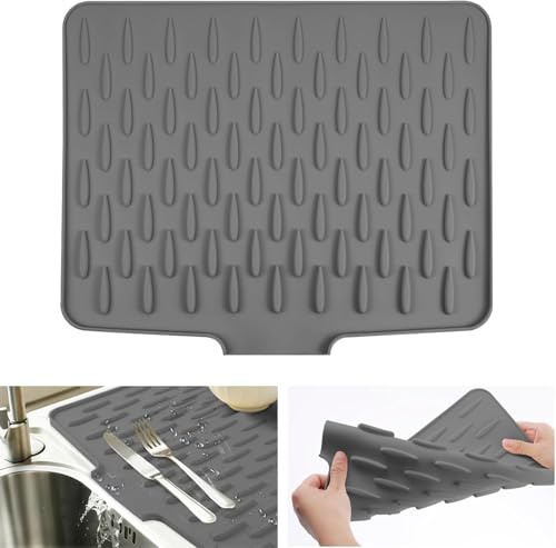 40x32cm Abtropfmatte Geschirr – 100% Silikon, Hitzebeständig 230°C | Spülmaschinenfest, Rutschfest & Faltbar – Auslaufsicherer Arbeitsplattenschutz mit Effektiver Rillenstruktur