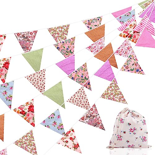 FUNVCE Wimpelkette Stoff Girlande, 12M 42pcs Wimpelkette Outdoor Vintage Wimpel Girlande für Mädchen Babyparty und Kinderzimmer Deko Hochzeits Geburtstag Party