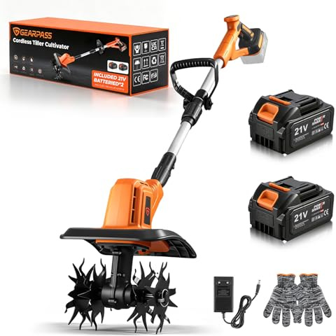 GEARPASS Akku-Gartenfräse 21-V-Akku-betriebene Gartenfräse mit 2 x 4,0-Ah-Akkus, 23 cm Fräsbreite und 17 cm Frästiefe, 360 U/min, 48 rostbeständige Messer für Bodenbearbeitung und Gartenarbeit