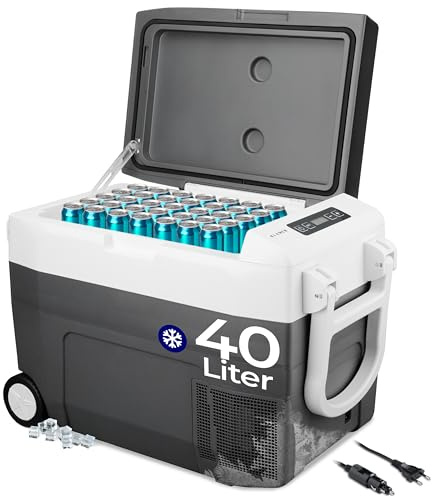 KLAMER Kühlbox XXL, Mini-Kühlschrank 40 L mit Kompressor, 2 Anschlüsse: 230V & 12V für Zigarettenanzünder, Kühlung bis -18°C, Auto Kühlbox mit Rädern für Camping, Garten & Ausflüge, grau