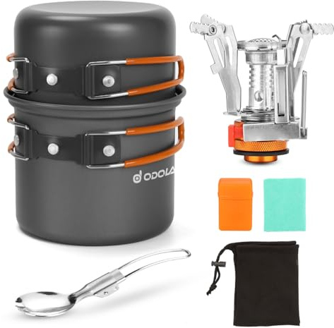 Odoland Camping Geschirr Set 6 PCS mit Mini Campingkocher Gaskocher Outdoor Kochgeschirr Aluminium Camping Topfe und Faltbare Besteck Reinigungstücher für Outdoor Picknick Wandern 1 Person